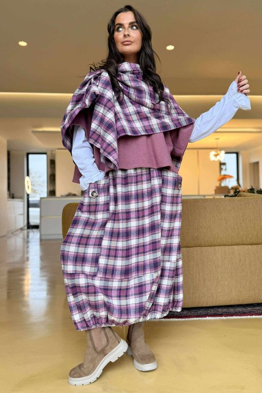 Roberta Plaid Brushed Cotton Balloon Hem Skirt Aubergine